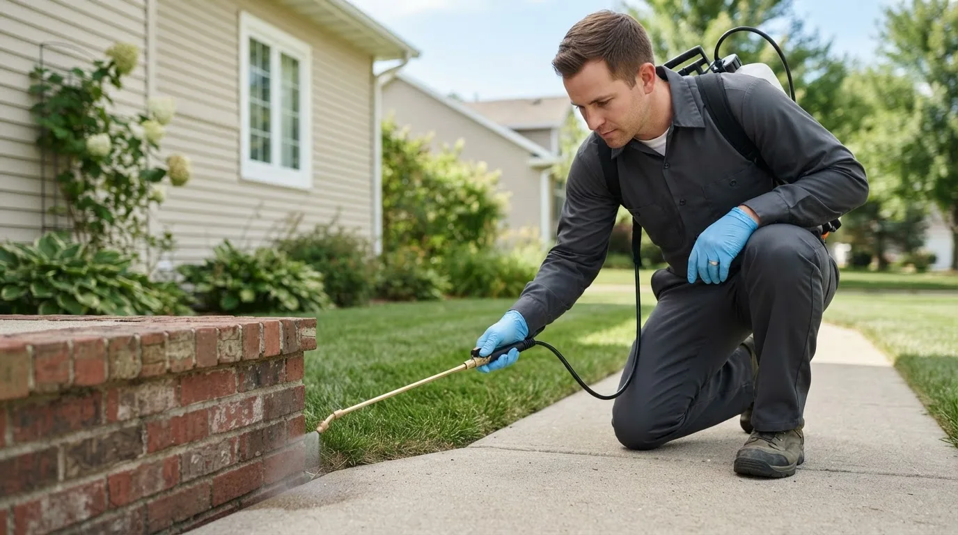 Pest control technician treating a home near Almyra, AR