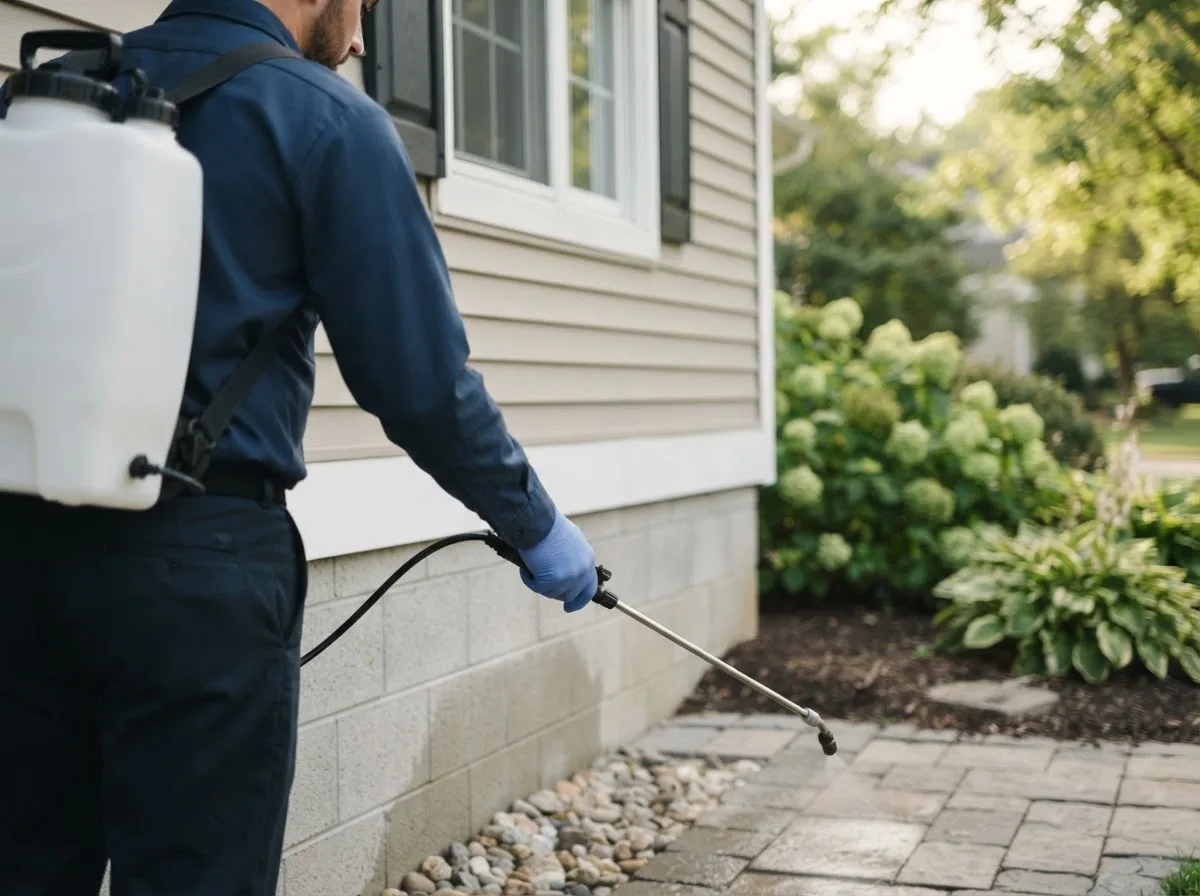 Pest control technician inspecting a home in Almyra, AR